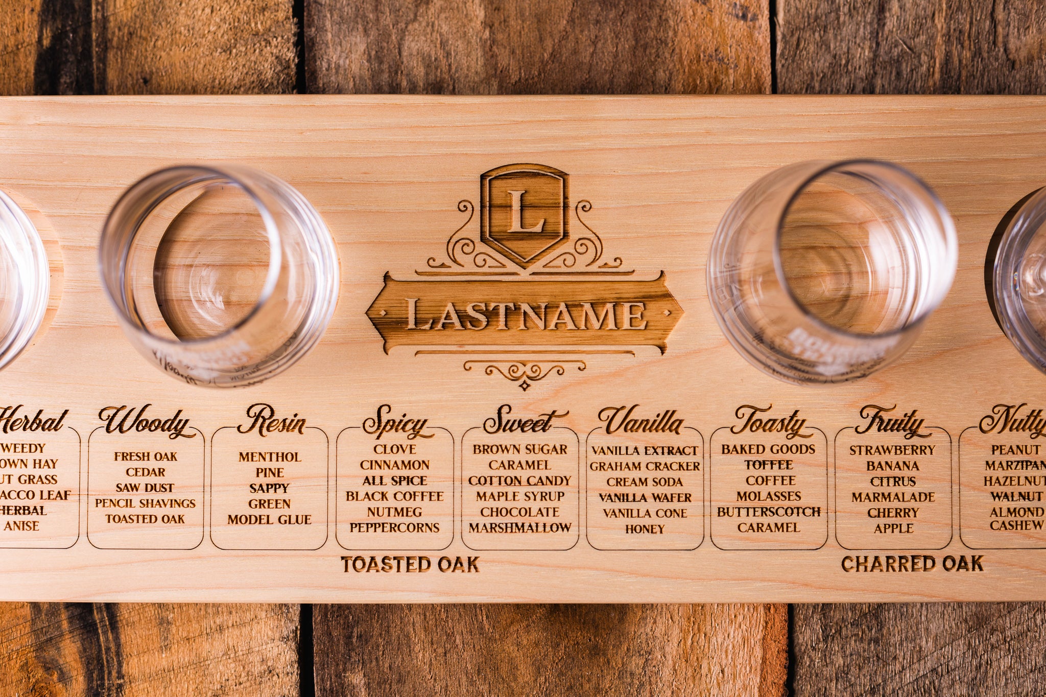 Personalized Whiskey Tasting Flight Board, American Hickory